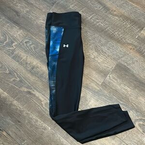 Under Armour Fly By Printed Legging Size Medium W‎ Zipper Pocket Blue and Black